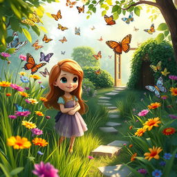 A whimsical scene featuring Sofia, a young girl with long, flowing hair and a bright, curious expression, exploring a magical secret garden filled with vibrant, colorful butterflies of various species fluttering around her