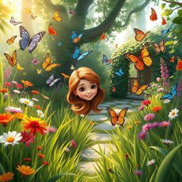 A whimsical scene featuring Sofia, a young girl with long, flowing hair and a bright, curious expression, exploring a magical secret garden filled with vibrant, colorful butterflies of various species fluttering around her