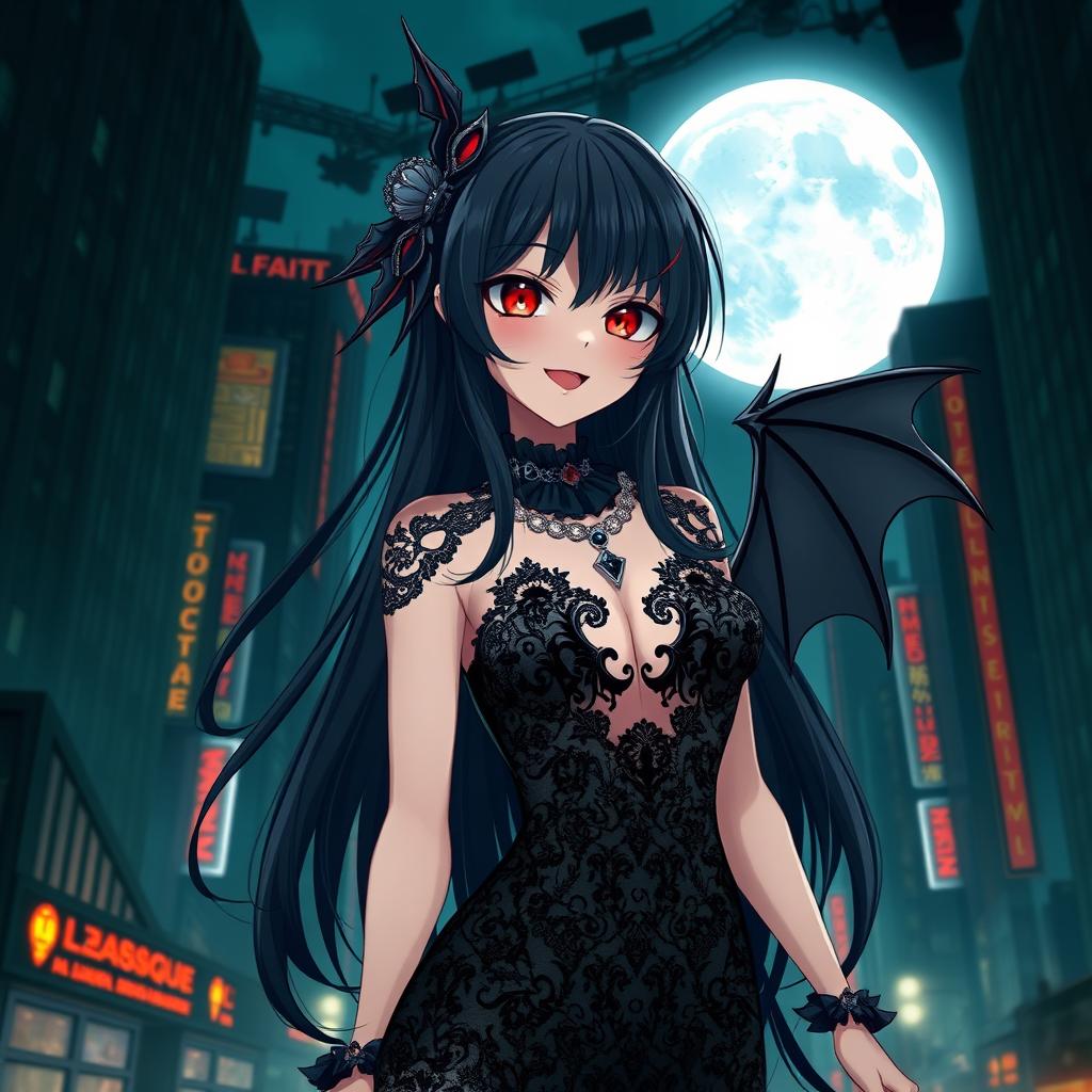 An anime-style goth vampire girl with long, flowing black hair and striking crimson eyes, standing confidently in a dark, urban cityscape at night