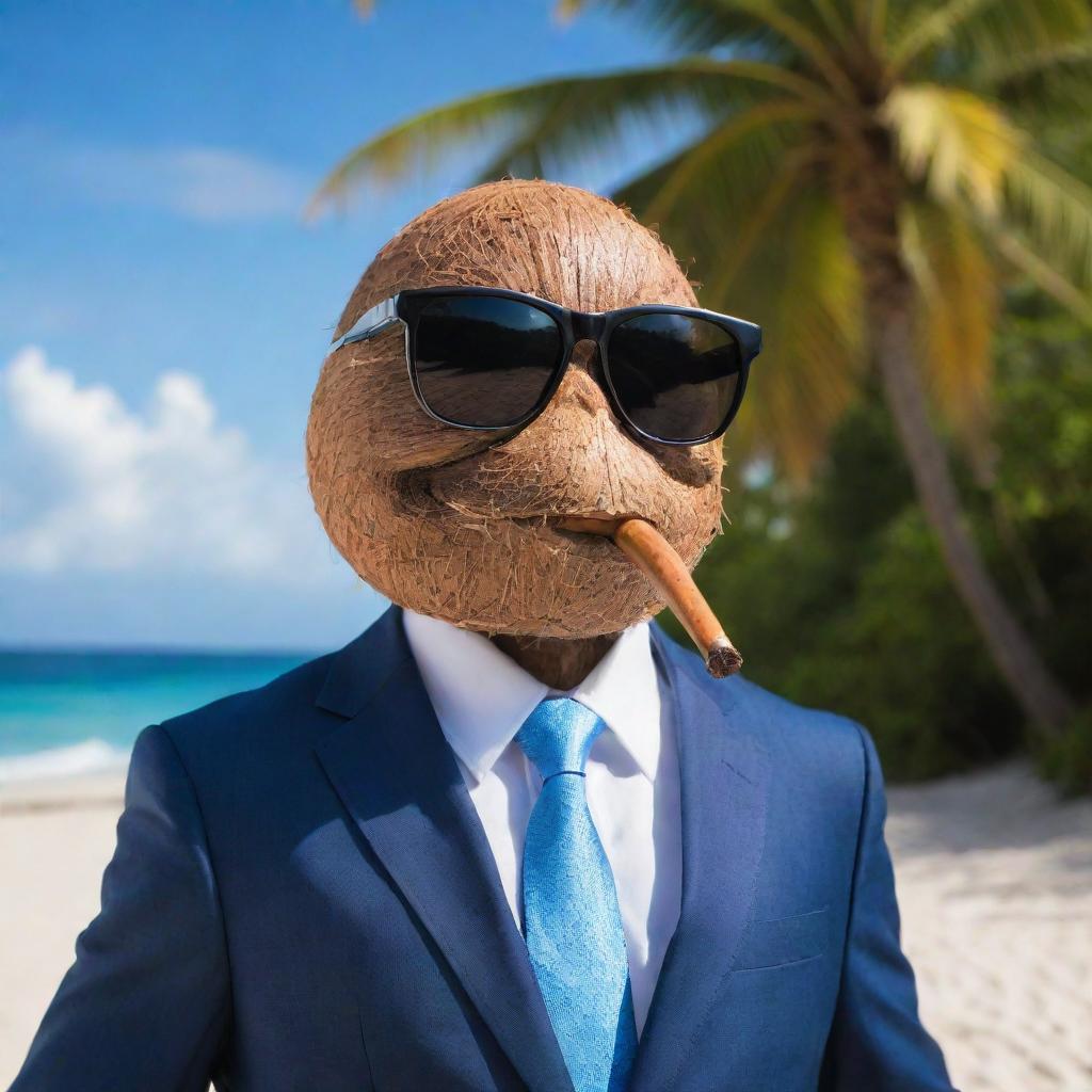 A sophisticated coconut character in a sharp suit and polished sunglasses, leisurely puffing on a classic pipe, set against a vibrant tropical beach backdrop.