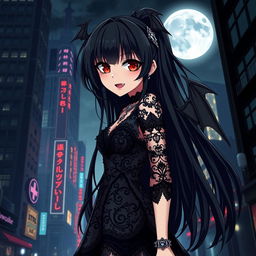 An anime-style goth vampire girl with long, flowing black hair and striking crimson eyes, standing confidently in a dark, urban cityscape at night