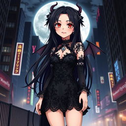 An anime-style goth vampire girl with long, flowing black hair and striking crimson eyes, standing confidently in a dark, urban cityscape at night