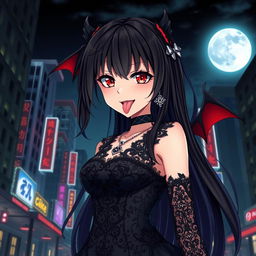 An anime-style goth vampire girl with long, flowing black hair and striking crimson eyes, standing confidently in a dark, urban cityscape at night