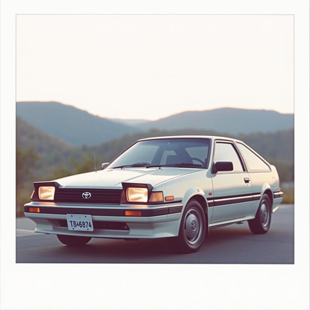 A classic Toyota Corolla AE86 Trueno, elegantly parked in a tranquil setting