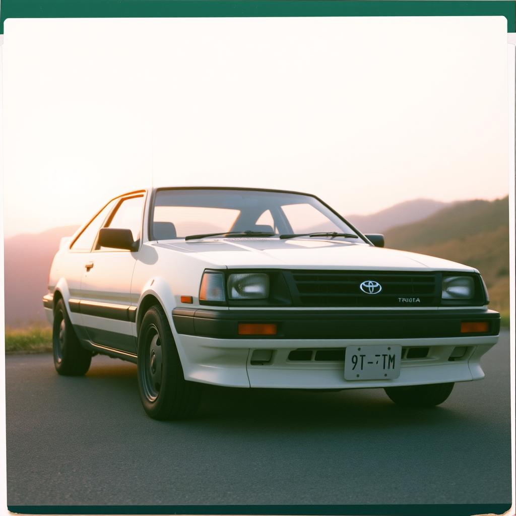 A classic Toyota Corolla AE86 Trueno, elegantly parked in a tranquil setting