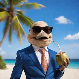 A sophisticated coconut character in a sharp suit and polished sunglasses, leisurely puffing on a classic pipe, set against a vibrant tropical beach backdrop.