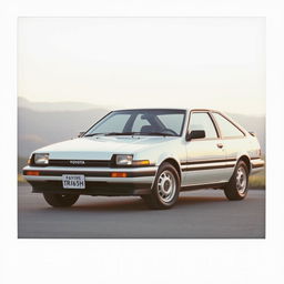 A classic Toyota Corolla AE86 Trueno, elegantly parked in a tranquil setting