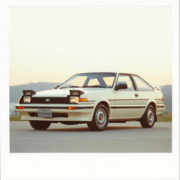 A classic Toyota Corolla AE86 Trueno, elegantly parked in a tranquil setting