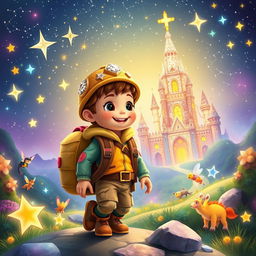 An imaginative scene depicting Leo, a brave young adventurer, embarking on a journey in the Enchanted Star Kingdom