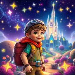 An imaginative scene depicting Leo, a brave young adventurer, embarking on a journey in the Enchanted Star Kingdom