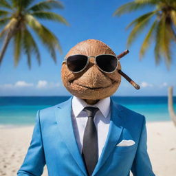 A sophisticated coconut character in a sharp suit and polished sunglasses, leisurely puffing on a classic pipe, set against a vibrant tropical beach backdrop.