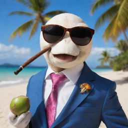 A sophisticated coconut character in a sharp suit and polished sunglasses, leisurely puffing on a classic pipe, set against a vibrant tropical beach backdrop.