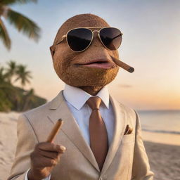 A refined coconut character wearing a sleek suit and stylish sunglasses, confidently puffing on a luxurious cigar, against a stunning beach scene at sunset.