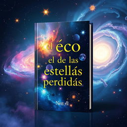 A stunning book cover design featuring an artistic representation of the universe, illustrating cosmic elements like colorful stars, ethereal nebulae, and swirling galaxies that allude to the theme of lost stars and their echoes