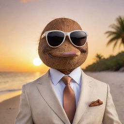 A refined coconut character wearing a sleek suit and stylish sunglasses, confidently puffing on a luxurious cigar, against a stunning beach scene at sunset.