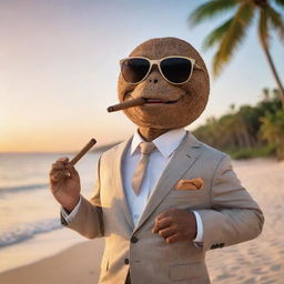 A refined coconut character wearing a sleek suit and stylish sunglasses, confidently puffing on a luxurious cigar, against a stunning beach scene at sunset.