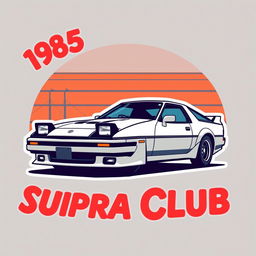 An illustration of a retro vintage 1985 Toyota Supra club logo, designed with a clean and modern aesthetic suitable for a t-shirt design