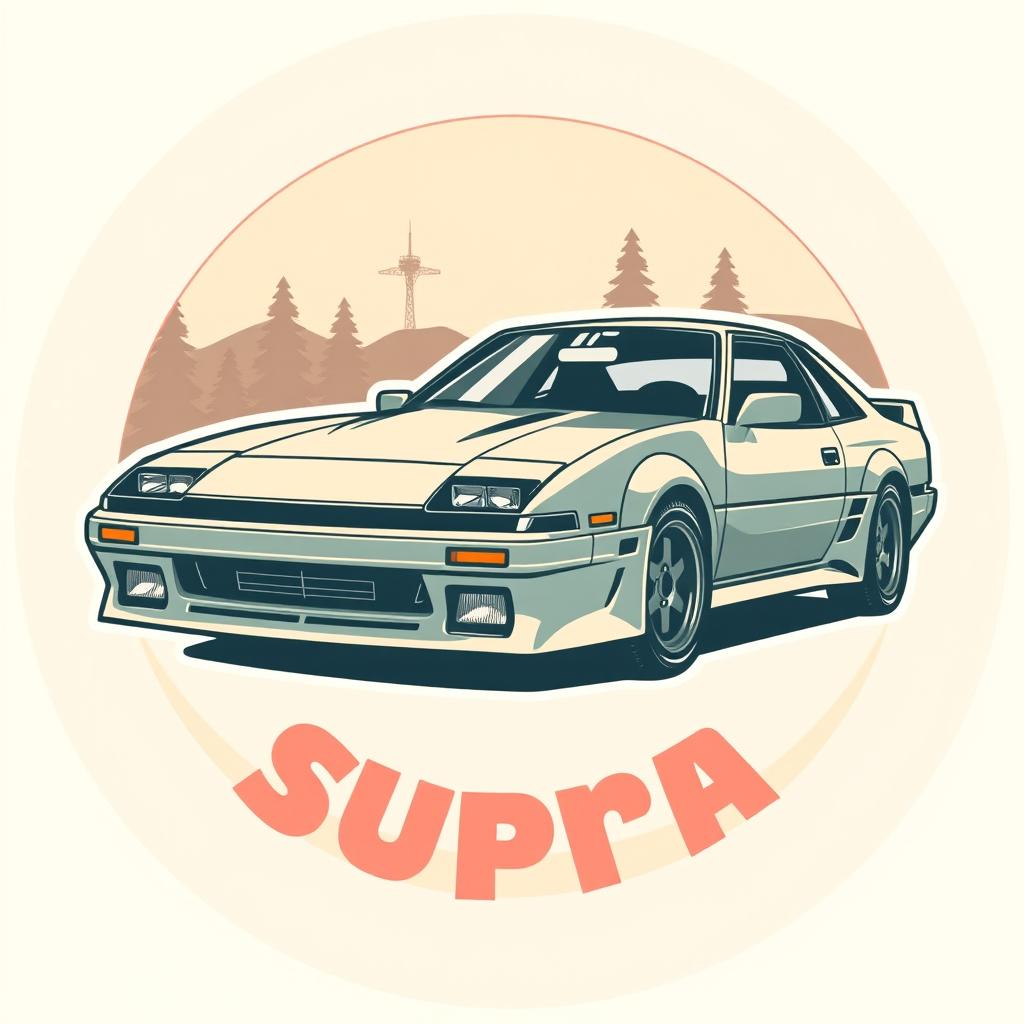 An illustration of a retro vintage 1985 Toyota Supra club logo, designed with a clean and modern aesthetic suitable for a t-shirt design