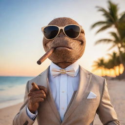 A refined coconut character wearing a sleek suit and stylish sunglasses, confidently puffing on a luxurious cigar, against a stunning beach scene at sunset.