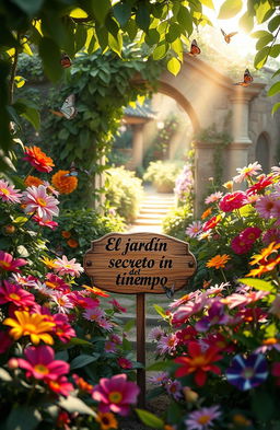 A whimsical and enchanting garden scene, filled with vibrant, lush greenery and colorful flowers in full bloom