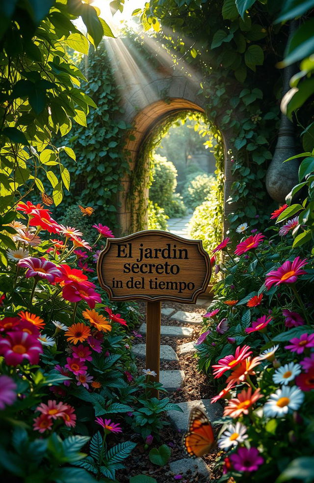 A whimsical and enchanting garden scene, filled with vibrant, lush greenery and colorful flowers in full bloom