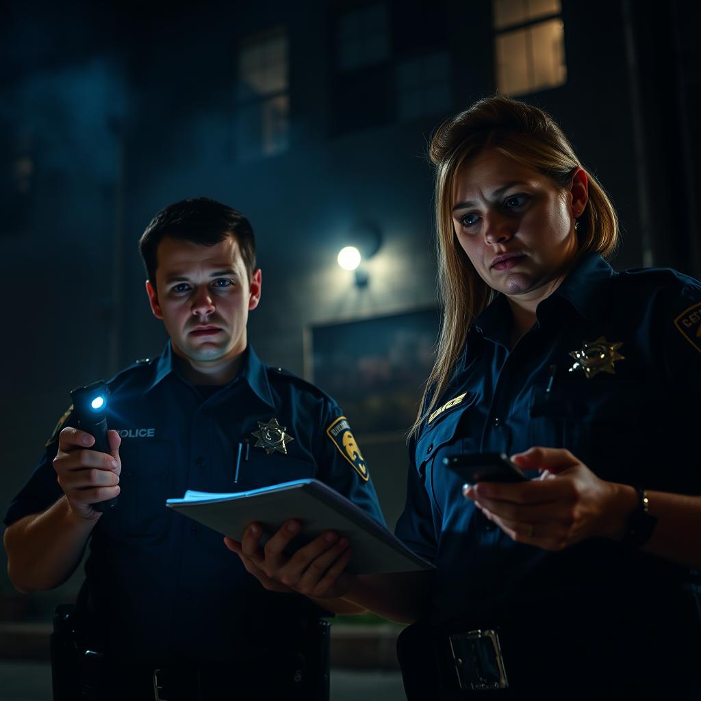 Two police officers, one male and one female, intently studying a scene in front of a dark, ominous building at night