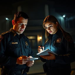 Two police officers, one male and one female, intently studying a scene in front of a dark, ominous building at night