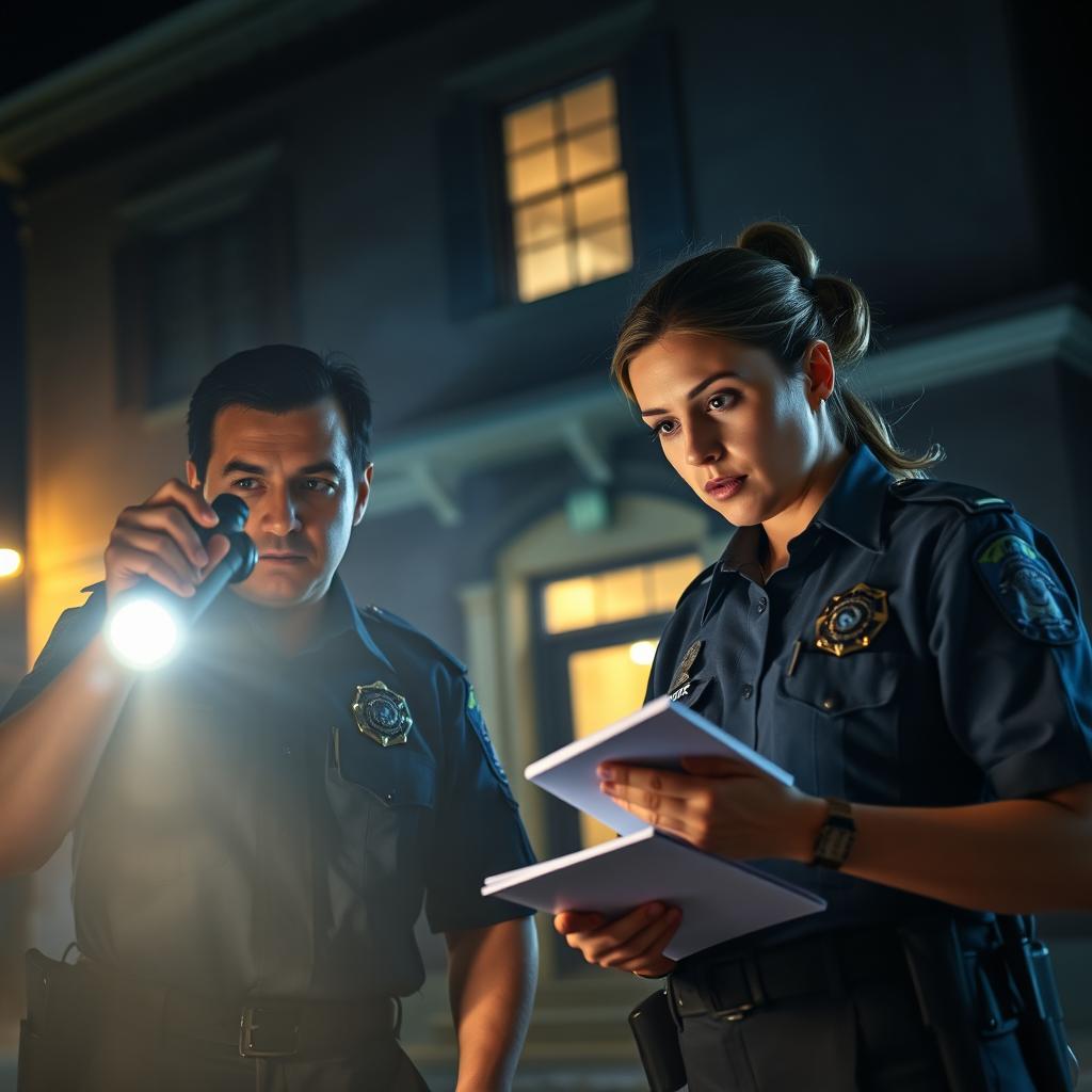 Two police officers, one male and one female, intently studying a scene in front of a dark, ominous building at night