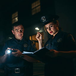 Two police officers, one male and one female, intently studying a scene in front of a dark, ominous building at night