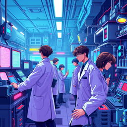 A vivid and detailed pixel art portrait inspired by Neon Genesis Evangelion, set inside the NERV lab