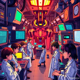 A vivid and detailed pixel art portrait inspired by Neon Genesis Evangelion, set inside the NERV lab