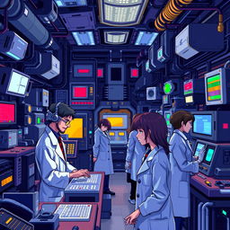 A vivid and detailed pixel art portrait inspired by Neon Genesis Evangelion, set inside the NERV lab