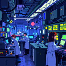 A vivid and detailed pixel art portrait inspired by Neon Genesis Evangelion, set inside the NERV lab