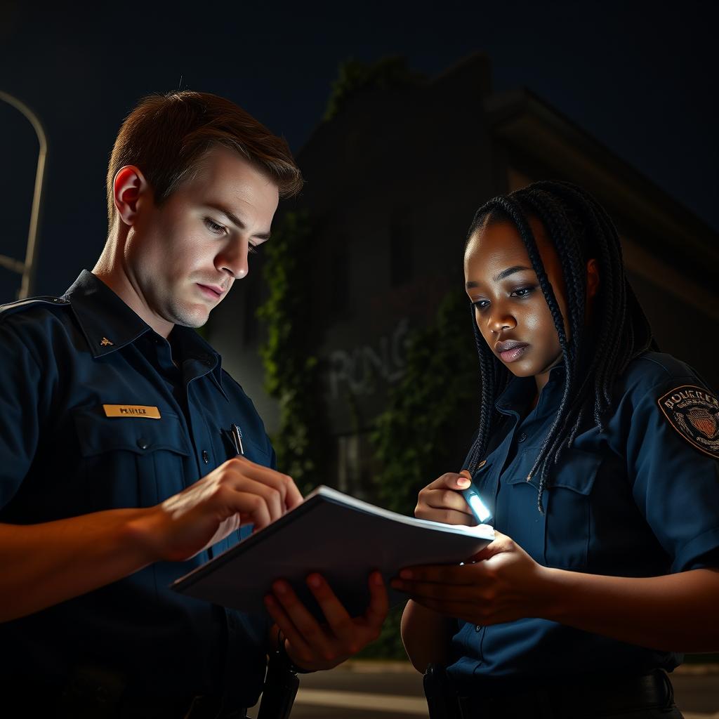 Two police officers in uniform, intensely focused on studying evidence in front of a dark, ominous building