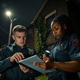 Two police officers in uniform, intensely focused on studying evidence in front of a dark, ominous building