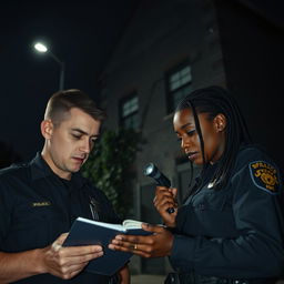 Two police officers in uniform, intensely focused on studying evidence in front of a dark, ominous building