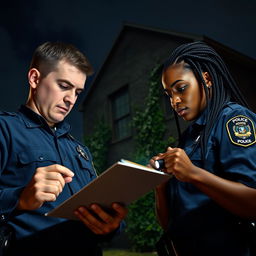 Two police officers in uniform, intensely focused on studying evidence in front of a dark, ominous building