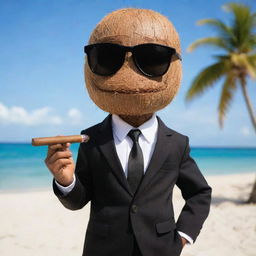 A teenage coconut character sporting a stylish black suit and dark sunglasses, nonchalantly holding a classy cigar, set against a laid-back beach background.