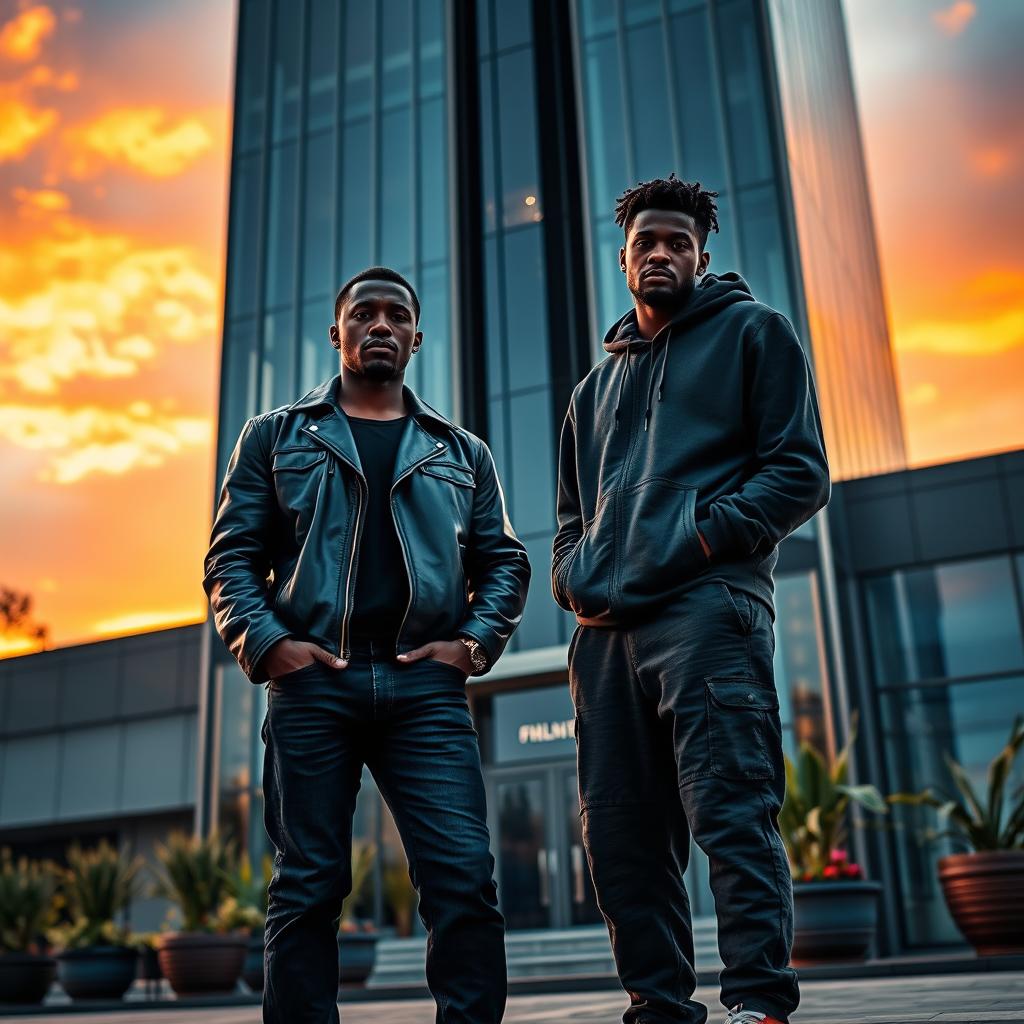 Two dark-skinned men standing in front of a modern, tall building with a sleek glass facade, wearing stylish urban clothing