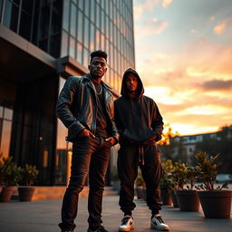 Two dark-skinned men standing in front of a modern, tall building with a sleek glass facade, wearing stylish urban clothing