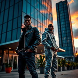 Two dark-skinned men standing in front of a modern, tall building with a sleek glass facade, wearing stylish urban clothing