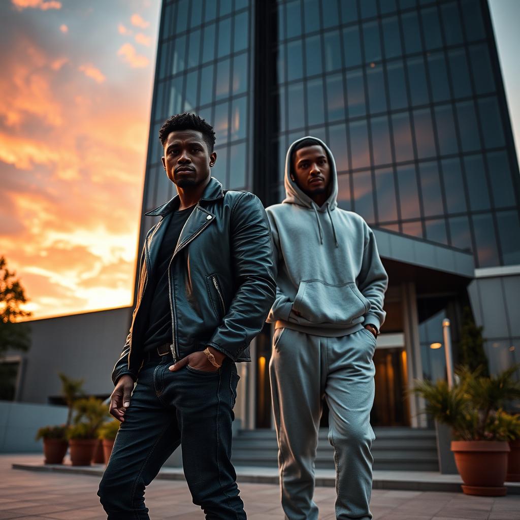 Two dark-skinned men standing in front of a modern, tall building with a sleek glass facade, wearing stylish urban clothing