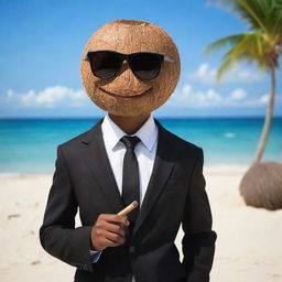 A teenage coconut character sporting a stylish black suit and dark sunglasses, nonchalantly holding a classy cigar, set against a laid-back beach background.