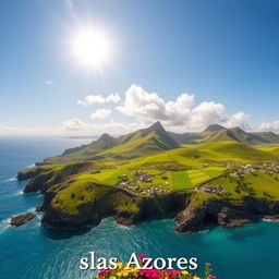 A breathtaking landscape of the Azores Islands, featuring lush, rolling green hills, craggy cliffs, and vibrant blue ocean waters