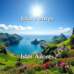 A breathtaking landscape of the Azores Islands, featuring lush, rolling green hills, craggy cliffs, and vibrant blue ocean waters