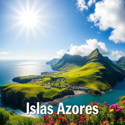 A breathtaking landscape of the Azores Islands, featuring lush, rolling green hills, craggy cliffs, and vibrant blue ocean waters