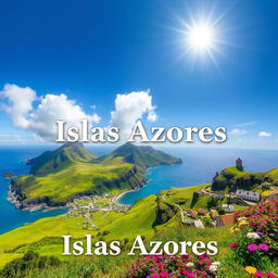 A breathtaking landscape of the Azores Islands, featuring lush, rolling green hills, craggy cliffs, and vibrant blue ocean waters