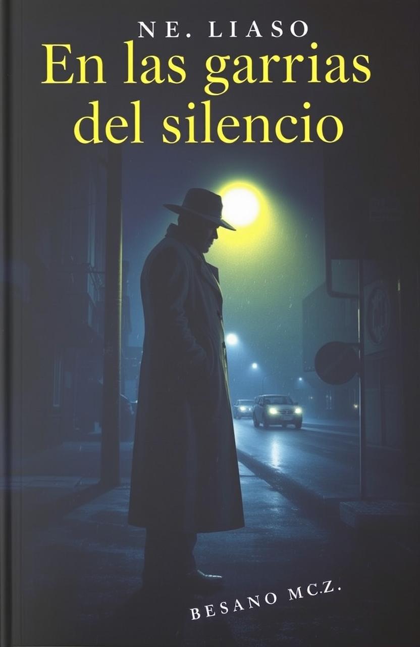 A moody and atmospheric book cover featuring a shadowy detective standing under a flickering streetlight at night