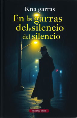 A moody and atmospheric book cover featuring a shadowy detective standing under a flickering streetlight at night