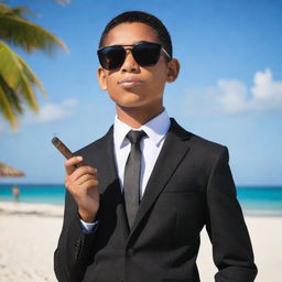 A teenage coconut character sporting a stylish black suit and dark sunglasses, nonchalantly holding a classy cigar, set against a laid-back beach background.